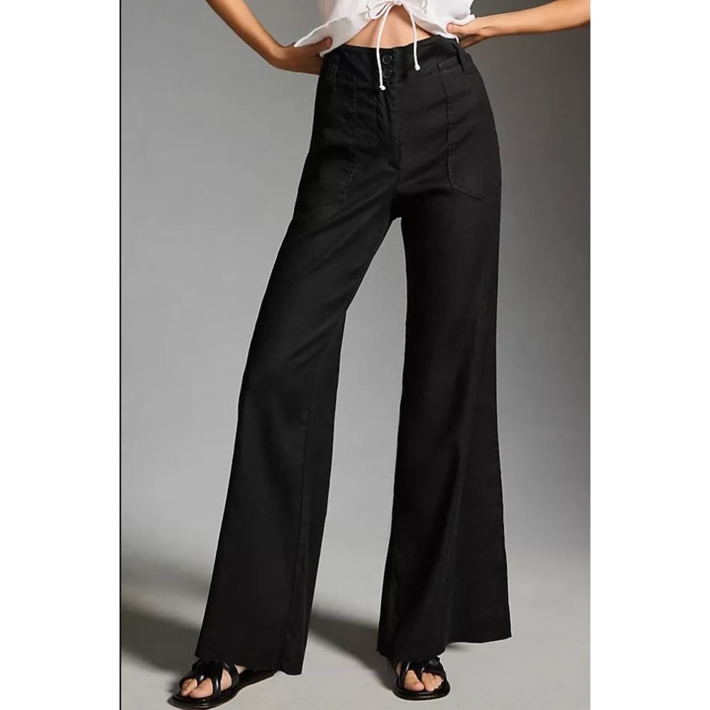 Anthropologie Maeve Naomi Wide Leg Flare Pants size 6 Black Linen Blend Career